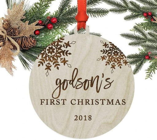 Laser Engraved Wood Christmas Ornament, Godson's 1st Christmas, Custom Year, Snowflakes-Set of 1-Andaz Press-