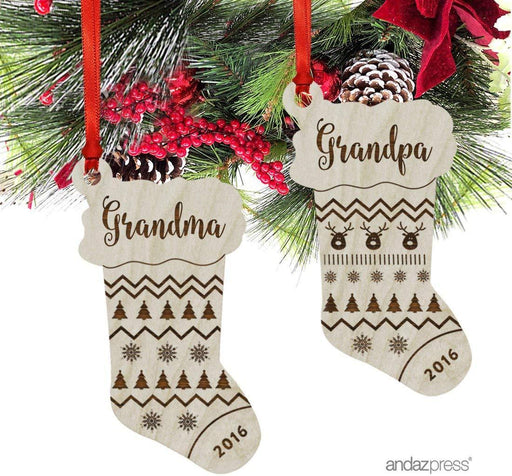 Laser Engraved Wood Christmas Ornament, Grandma, Grandpa, Custom Year, Stocking Shape-Set of 2-Andaz Press-