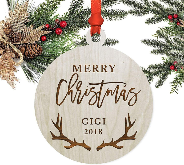 Laser Engraved Wood Christmas Ornament, Merry Christmas Gigi, Custom Year, Deer Antlers-Set of 1-Andaz Press-
