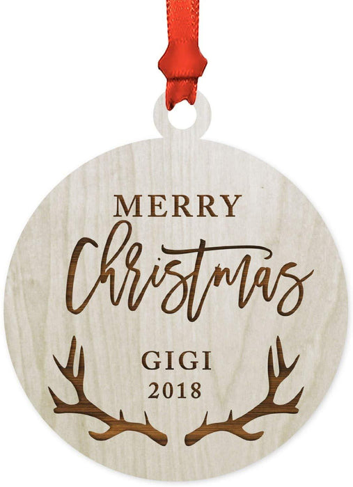 Laser Engraved Wood Christmas Ornament, Merry Christmas Gigi, Custom Year, Deer Antlers-Set of 1-Andaz Press-