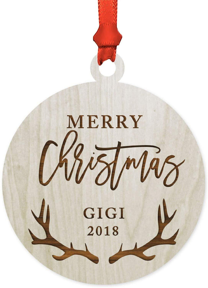 Laser Engraved Wood Christmas Ornament, Merry Christmas Gigi, Custom Year, Deer Antlers-Set of 1-Andaz Press-