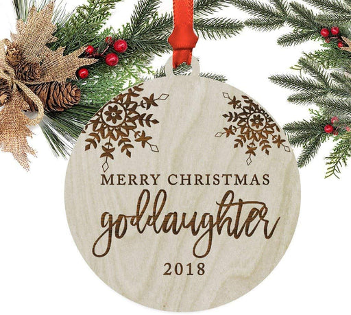 Laser Engraved Wood Christmas Ornament, Merry Christmas Goddaughter, Custom Year, Snowflakes-Set of 1-Andaz Press-