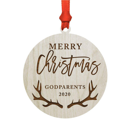 Laser Engraved Wood Christmas Ornament, Merry Christmas Godparents, Custom Year, Deer Antlers-Set of 1-Andaz Press-
