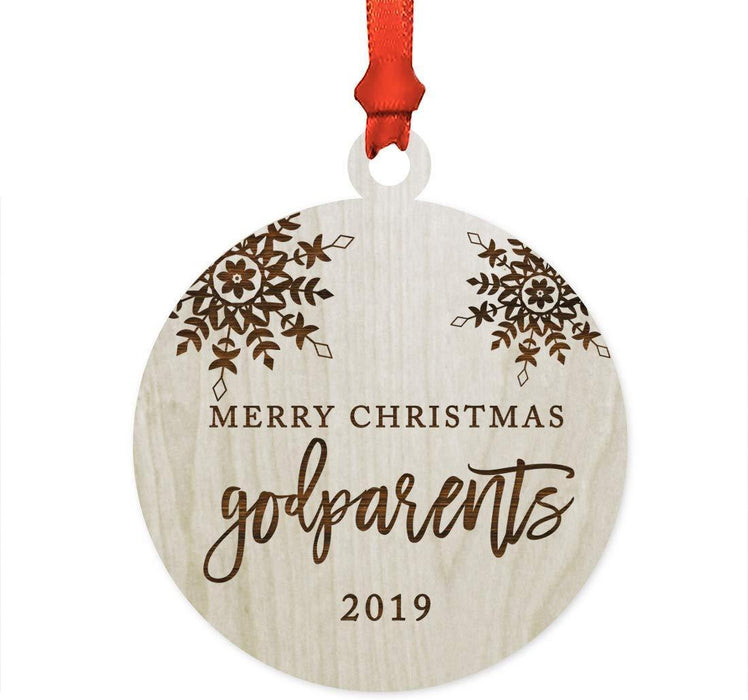 Laser Engraved Wood Christmas Ornament, Merry Christmas Godparents, Custom Year, Snowflakes-Set of 1-Andaz Press-