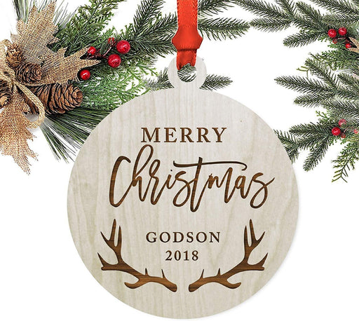 Laser Engraved Wood Christmas Ornament, Merry Christmas Godson, Custom Year, Deer Antlers-Set of 1-Andaz Press-
