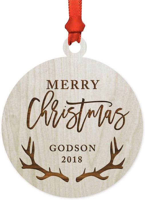 Laser Engraved Wood Christmas Ornament, Merry Christmas Godson, Custom Year, Deer Antlers-Set of 1-Andaz Press-