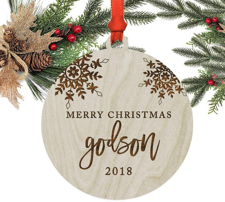Laser Engraved Wood Christmas Ornament, Merry Christmas Godson, Custom Year, Snowflakes-Set of 1-Andaz Press-