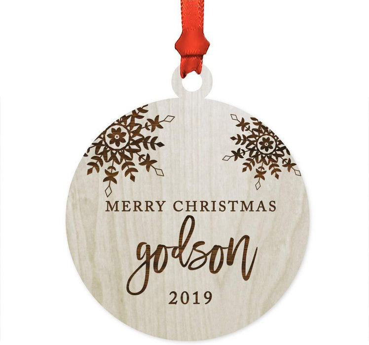 Laser Engraved Wood Christmas Ornament, Merry Christmas Godson, Custom Year, Snowflakes-Set of 1-Andaz Press-
