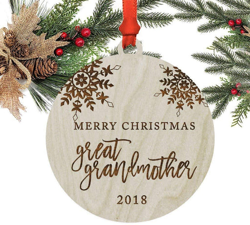 Laser Engraved Wood Christmas Ornament, Merry Christmas Great Grandmother, Custom Year, Snowflakes-Set of 1-Andaz Press-