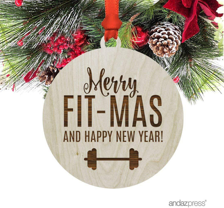 Laser Engraved Wood Christmas Ornament, Merry Fit-mas and a Happy New Year, Dumbell Graphic-Set of 1-Andaz Press-
