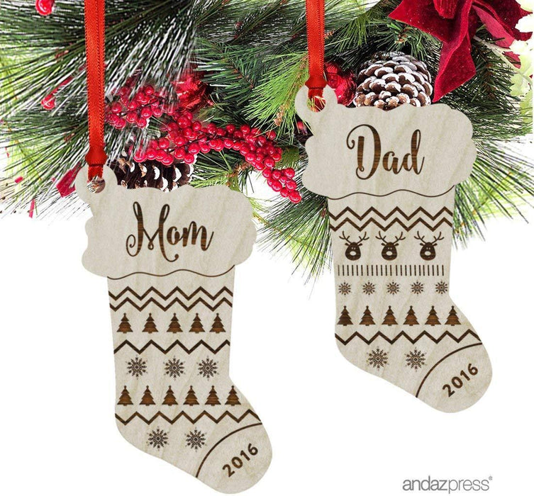 Laser Engraved Wood Christmas Ornament, Mom, Dad, Custom Year, Stocking Shape-Set of 2-Andaz Press-