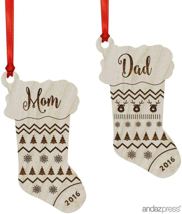 Laser Engraved Wood Christmas Ornament, Mom, Dad, Custom Year, Stocking Shape-Set of 2-Andaz Press-