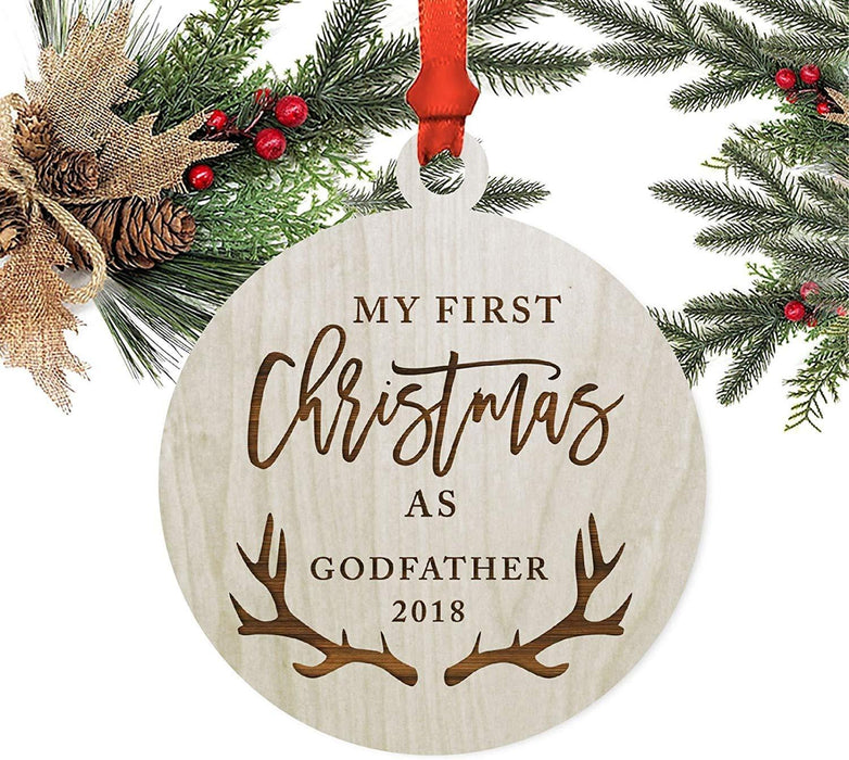 Laser Engraved Wood Christmas Ornament, My First Christmas As Godfather, Custom Year, Deer Antlers-Set of 1-Andaz Press-