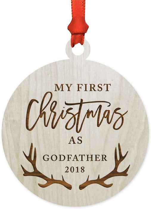 Laser Engraved Wood Christmas Ornament, My First Christmas As Godfather, Custom Year, Deer Antlers-Set of 1-Andaz Press-
