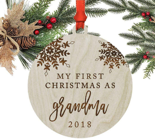 Laser Engraved Wood Christmas Ornament, My First Christmas As Grandma, Custom Year, Snowflakes-Set of 1-Andaz Press-