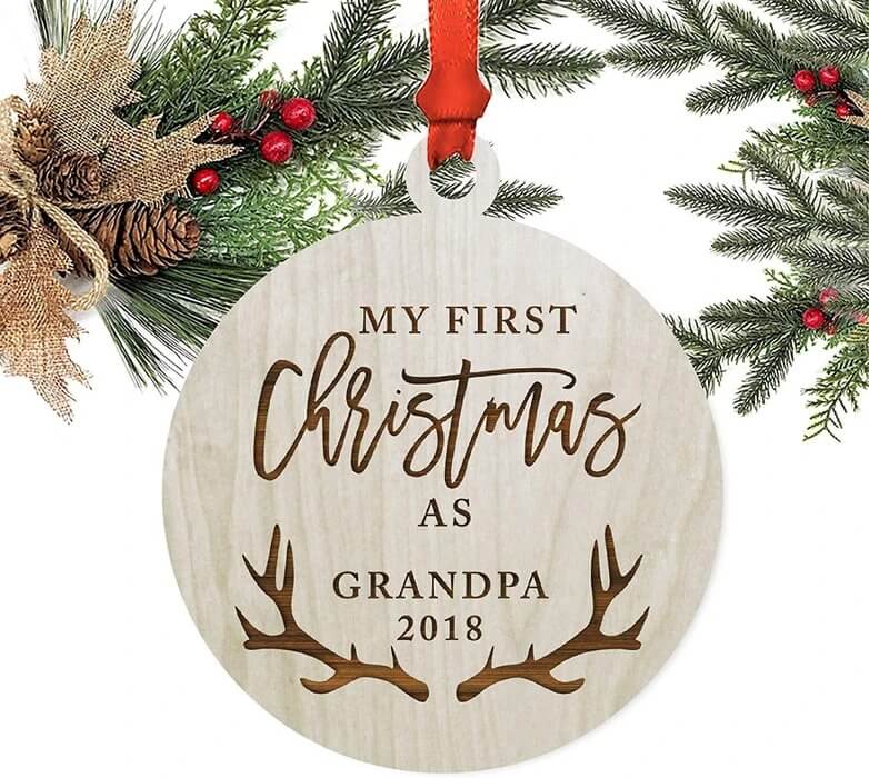 Laser Engraved Wood Christmas Ornament, My First Christmas As Grandpa, Custom Year, Deer Antlers-Set of 1-Andaz Press-