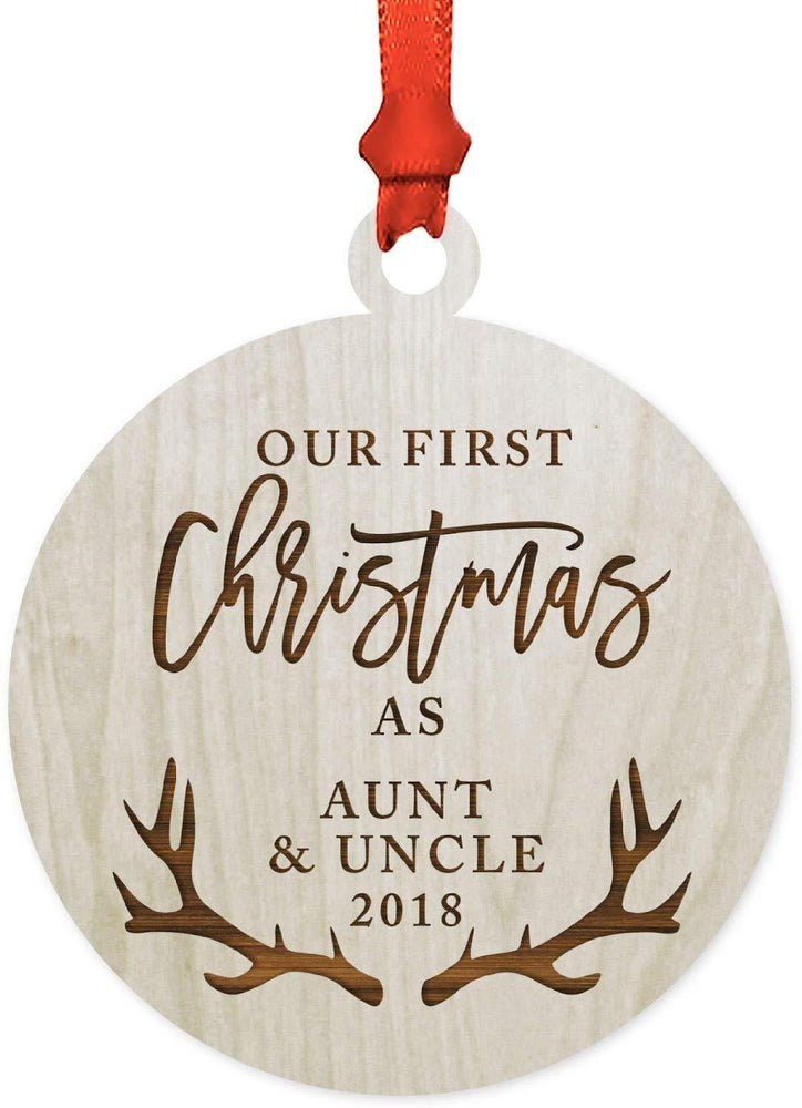 Laser Engraved Wood Christmas Ornament, Our First Christmas As Aunt and Uncle, Custom Year, Deer Antlers-Set of 1-Andaz Press-