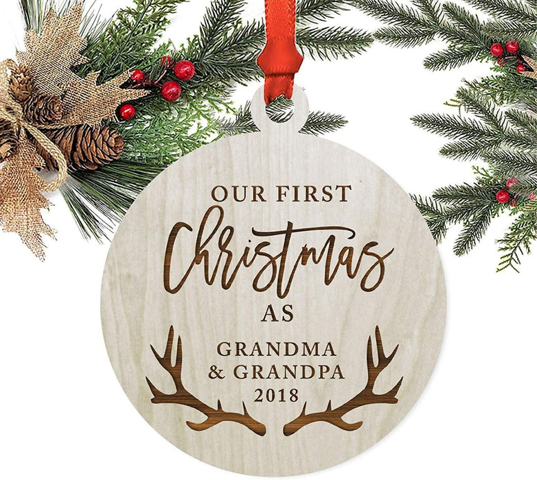 Laser Engraved Wood Christmas Ornament, Our First Christmas As Grandma and Grandpa, Custom Year, Deer Antlers-Set of 1-Andaz Press-