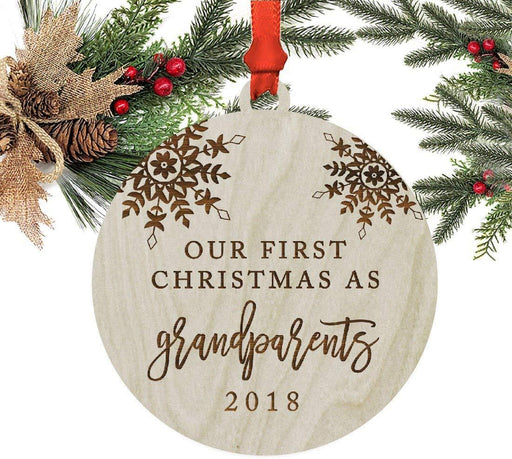Laser Engraved Wood Christmas Ornament, Our First Christmas As Grandparents, Custom Year, Snowflakes-Set of 1-Andaz Press-