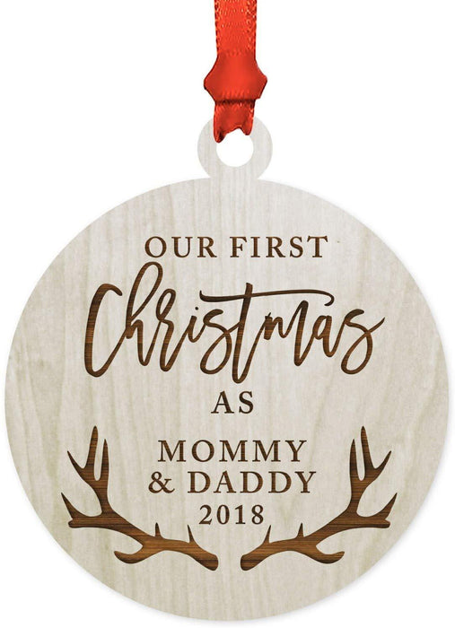 Laser Engraved Wood Christmas Ornament, Our First Christmas As Mommy and Daddy, Custom Year, Deer Antlers-Set of 1-Andaz Press-