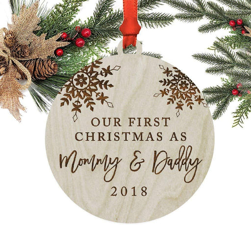 Laser Engraved Wood Christmas Ornament, Our First Christmas As Mommy and Daddy, Custom Year, Snowflakes-Set of 1-Andaz Press-