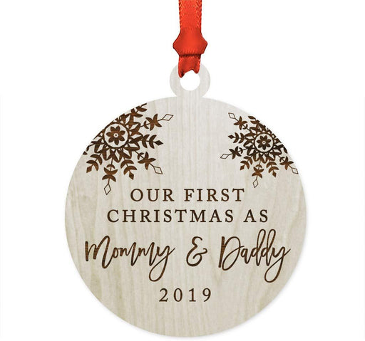 Laser Engraved Wood Christmas Ornament, Our First Christmas As Mommy and Daddy, Custom Year, Snowflakes-Set of 1-Andaz Press-