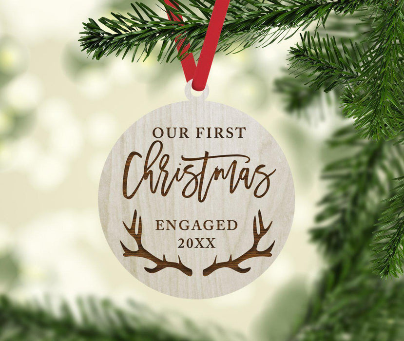 Laser Engraved Wood Christmas Ornament, Our First Christmas Engaged, Custom Year, Deer Antlers-Set of 1-Andaz Press-