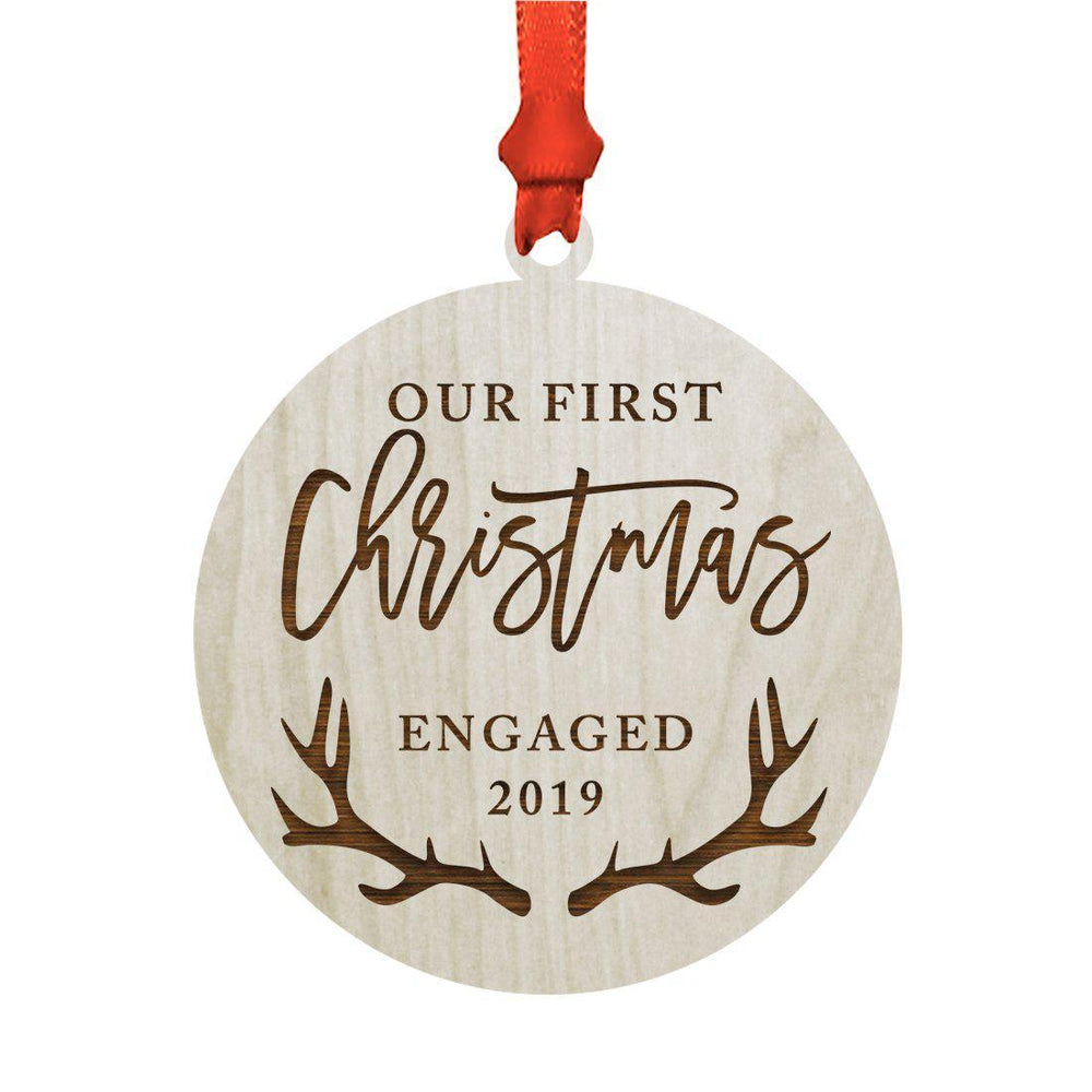 Laser Engraved Wood Christmas Ornament, Our First Christmas Engaged, Custom Year, Deer Antlers-Set of 1-Andaz Press-
