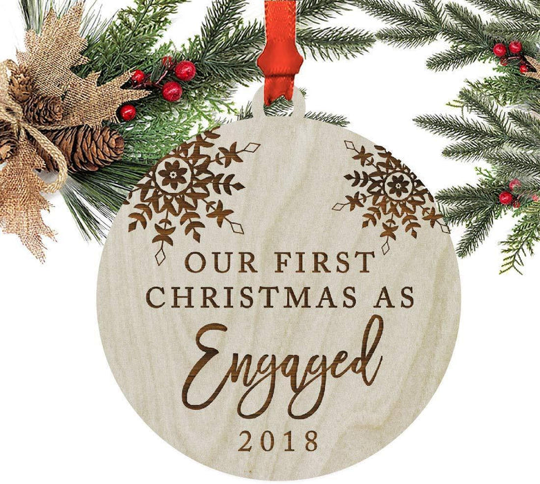 Laser Engraved Wood Christmas Ornament, Our First Christmas Engaged, Custom Year, Snowflakes-Set of 1-Andaz Press-