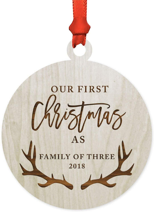 Laser Engraved Wood Christmas Ornament, Our First Christmas as a Family of Three, Custom Year, Deer Antlers-Set of 1-Andaz Press-