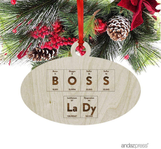 Laser Engraved Wood Christmas Ornament, Periodic Table Boss Lady, Oval Shape-Set of 1-Andaz Press-