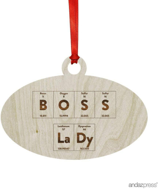 Laser Engraved Wood Christmas Ornament, Periodic Table Boss Lady, Oval Shape-Set of 1-Andaz Press-