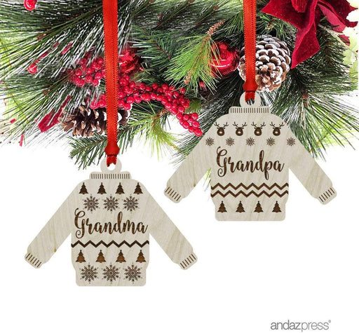 Laser Engraved Wood Christmas Ornament, Ugly Sweater Grandma Grandpa, Sweater Shape-Set of 2-Andaz Press-