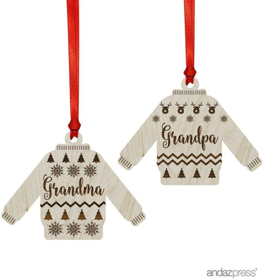 Laser Engraved Wood Christmas Ornament, Ugly Sweater Grandma Grandpa, Sweater Shape-Set of 2-Andaz Press-
