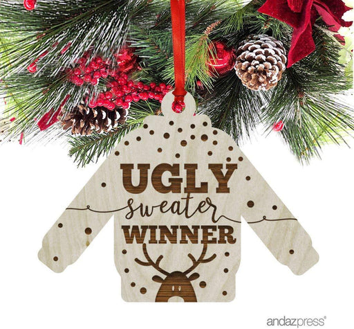 Laser Engraved Wood Christmas Ornament, Ugly Sweater Winner, Sweater Shape-Set of 1-Andaz Press-