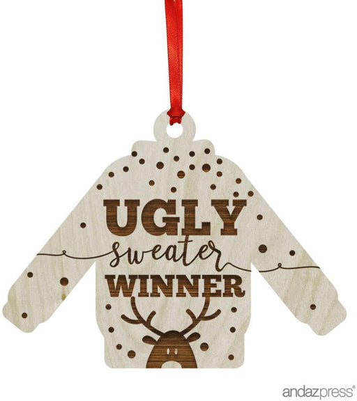 Laser Engraved Wood Christmas Ornament, Ugly Sweater Winner, Sweater Shape-Set of 1-Andaz Press-