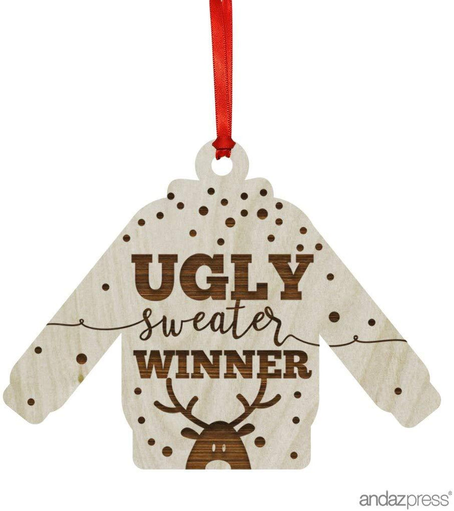 Laser Engraved Wood Christmas Ornament, Ugly Sweater Winner, Sweater Shape-Set of 1-Andaz Press-