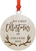 Laser Engraved Wood Ornament, My First Christmas in College, Custom Year, Deer Antlers-Set of 1-Andaz Press-