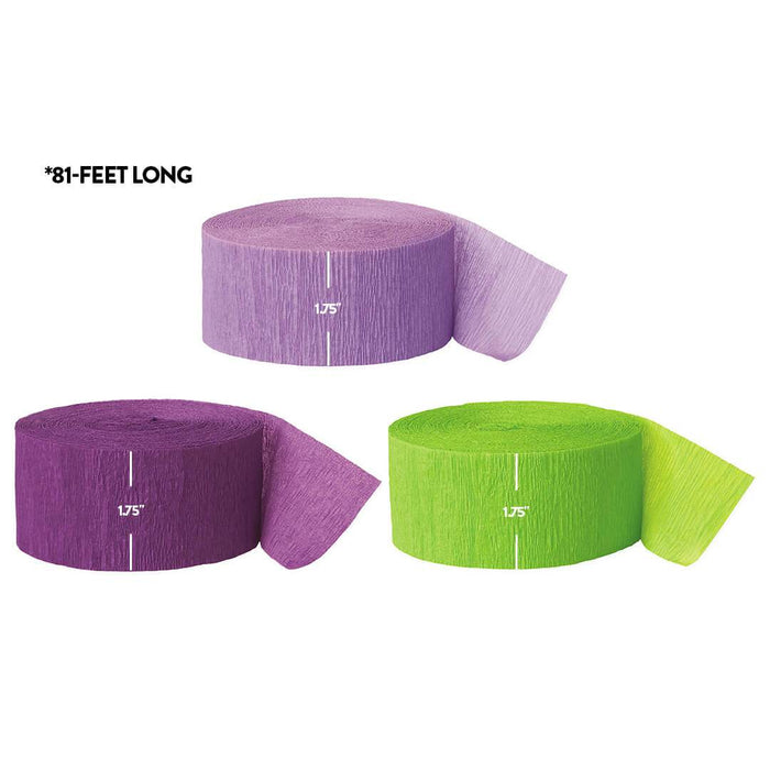 Lavender, Royal Purple, Kiwi Green Crepe Paper Streamer Hanging Decorative Kit-Set of 3-Andaz Press-