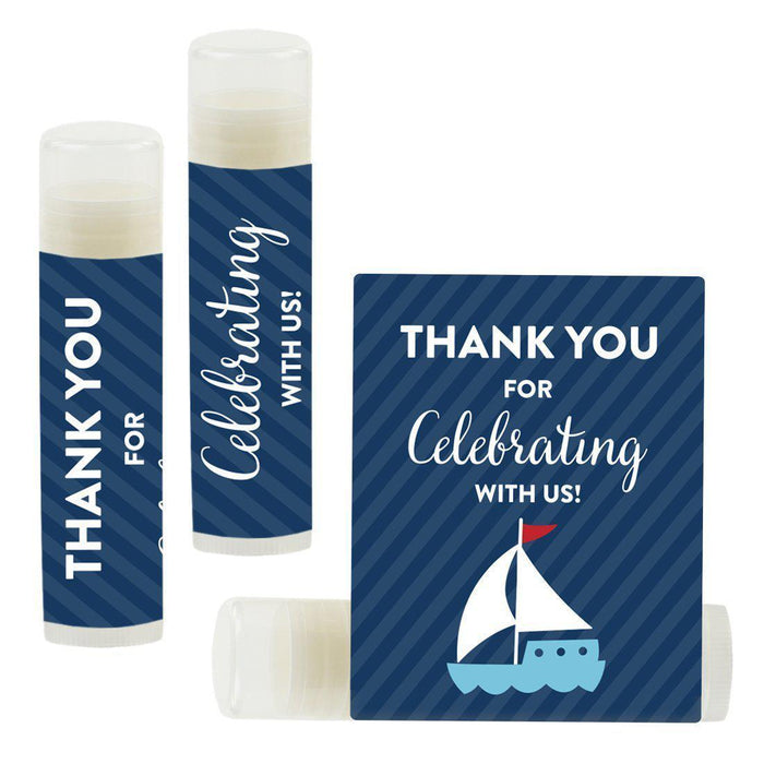 Lip Balm Birthday Party Favors, Thank You for Celebrating with Us-Set of 12-Andaz Press-Blue Nautical Sailboat-