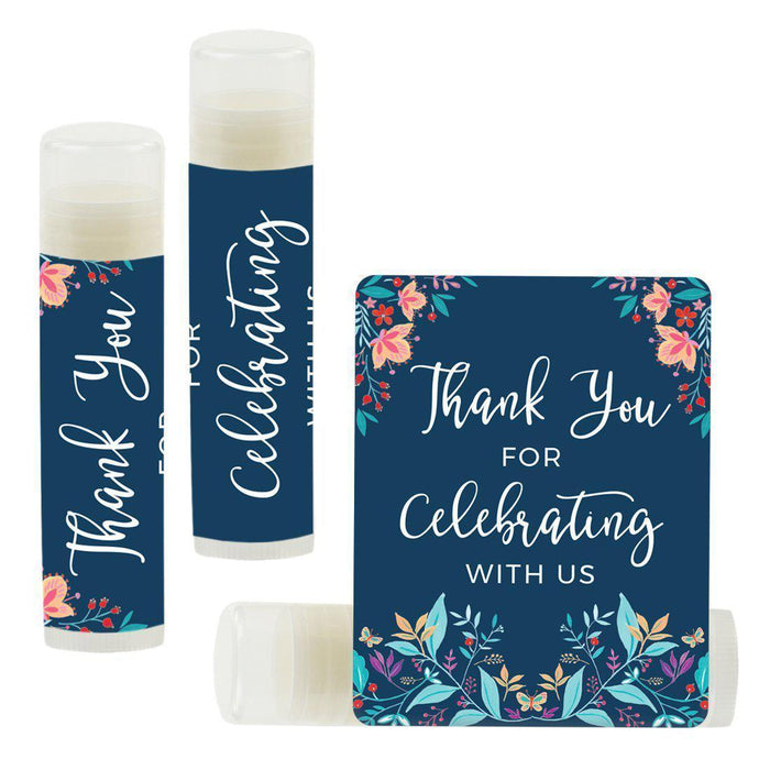 Lip Balm Birthday Party Favors, Thank You for Celebrating with Us-Set of 12-Andaz Press-Bold Springtime Flowers and Butterflies-