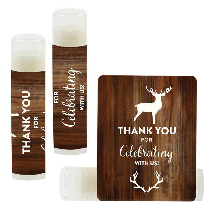 Lip Balm Birthday Party Favors, Thank You for Celebrating with Us-Set of 12-Andaz Press-Buck Male Deer Antlers-