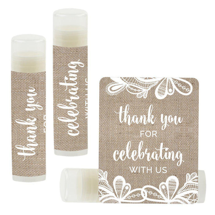 Lip Balm Birthday Party Favors, Thank You for Celebrating with Us-Set of 12-Andaz Press-Burlap Lace-