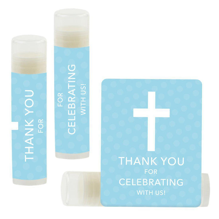 Lip Balm Birthday Party Favors, Thank You for Celebrating with Us-Set of 12-Andaz Press-Christian Cross, Blue-