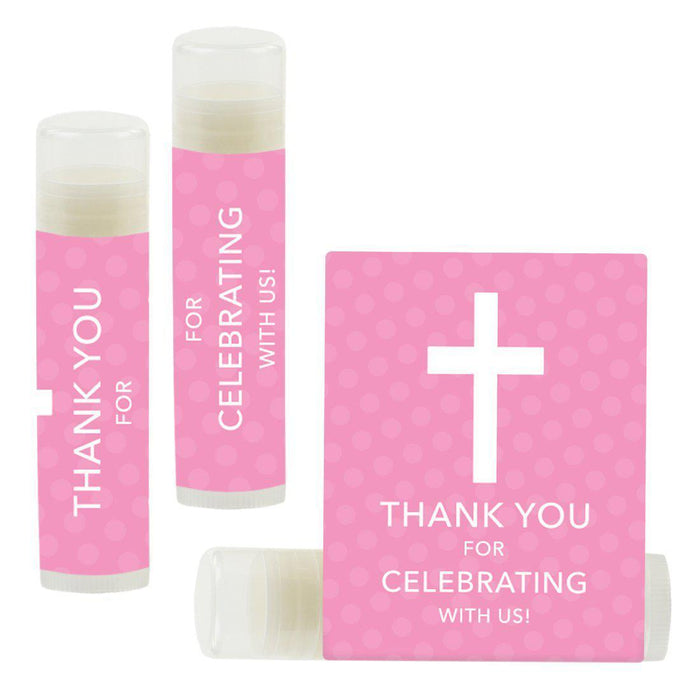 Lip Balm Birthday Party Favors, Thank You for Celebrating with Us-Set of 12-Andaz Press-Christian Cross, Pink-