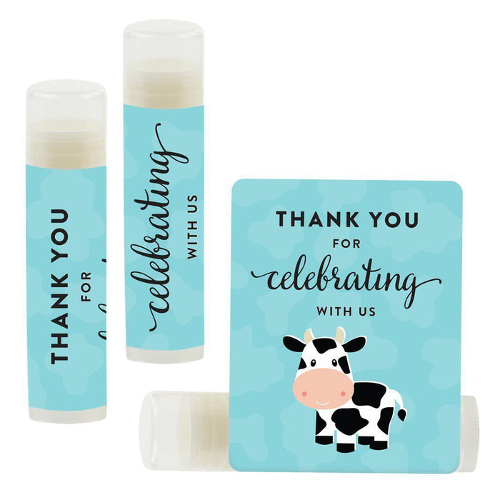 Lip Balm Birthday Party Favors, Thank You for Celebrating with Us-Set of 12-Andaz Press-Cow Print-