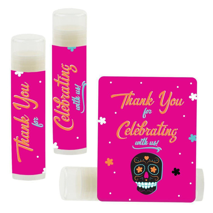 Lip Balm Birthday Party Favors, Thank You for Celebrating with Us-Set of 12-Andaz Press-Day of The Dead Skulls Día de Los Muertos-