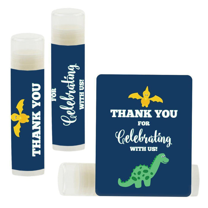 Lip Balm Birthday Party Favors, Thank You for Celebrating with Us-Set of 12-Andaz Press-Dinosaur Navy Blue Background-