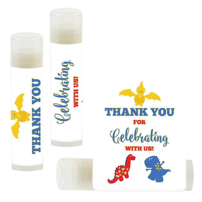 Lip Balm Birthday Party Favors, Thank You for Celebrating with Us-Set of 12-Andaz Press-Dinosaur White Background-