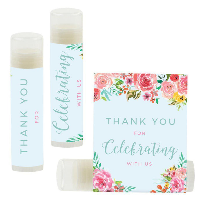 Lip Balm Birthday Party Favors, Thank You for Celebrating with Us-Set of 12-Andaz Press-English Tea Party Pink Florals on Baby Blue-